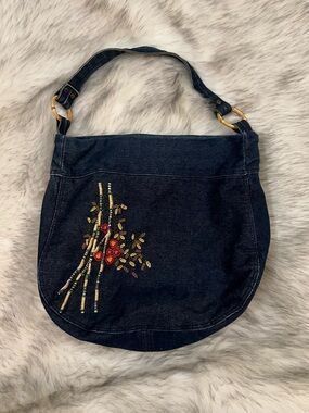 Y2K Xhilaration Beaded Embroidered Navy Denim Shoulder Bag Boho Whimsy